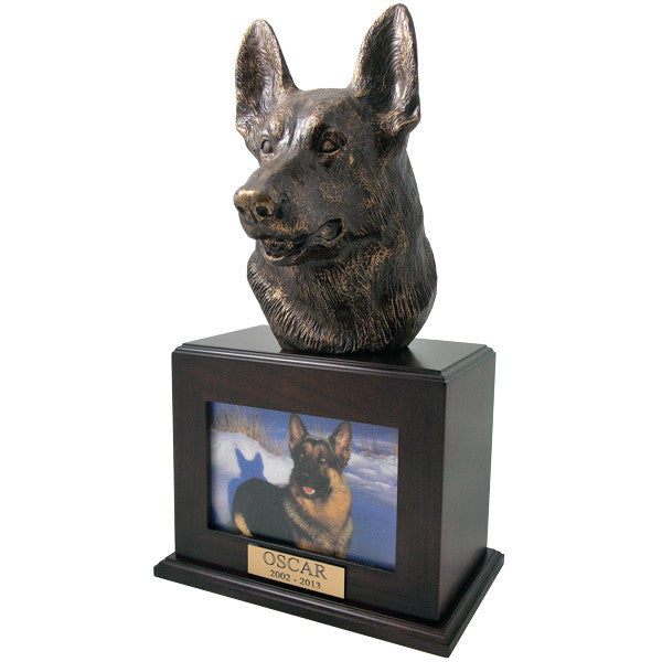 Handcrafted Walnut German Shepherd Urn with Photo Frame - Memorial Keepsake for Pet Ashes | Perfect for Home Display & Remembrance