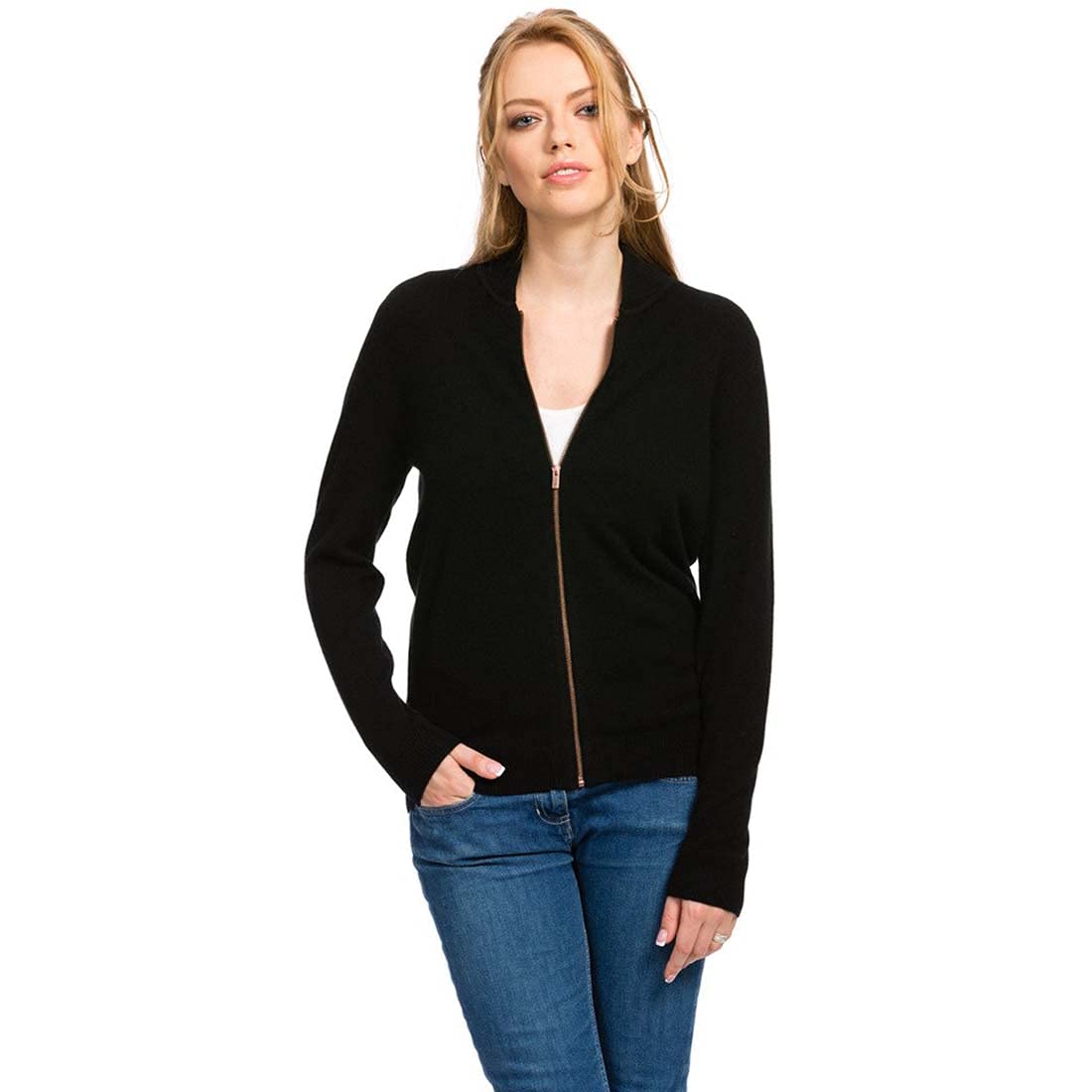 Citizen 100% Cashmere Women's Black Full Zip Long Sleeve Cardigan Jacket - Soft Winter Warm Wrap for Office & Casual Outfits
