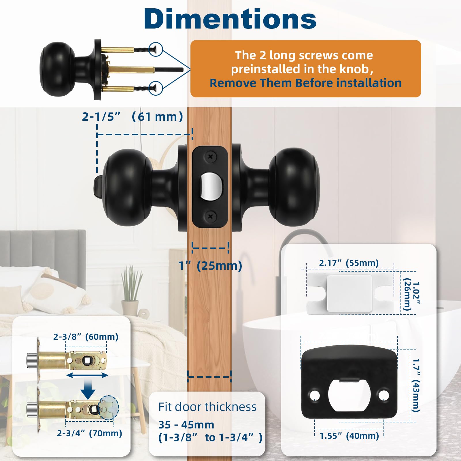 5 Pack Black Privacy Door Knobs - Keyless Interior Door Handles for Bedroom & Bathroom - Easy Install for Left/Right Doors