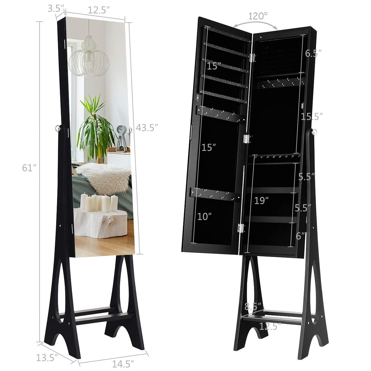 Giantex 12 LED Jewelry Armoire Cabinet with Frameless Full-length Mirror - Standing Jewelry Organizer with 16 Lipstick Holders, Large Storage Capacity & 3 Adjustable Angles (Black) | Perfect for Bedroom, Closet & Dressing Room Organization