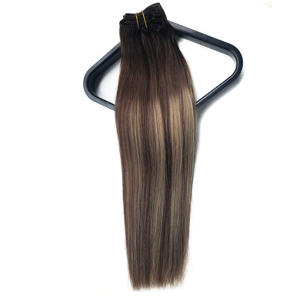 Balayage Straight Clip-in Human Hair Extensions #4 Medium Brown to #24 Medium Auburn - 100G 8pcs Double Weft Remy Hair - 100% Real Human Hair Silky Straight 14