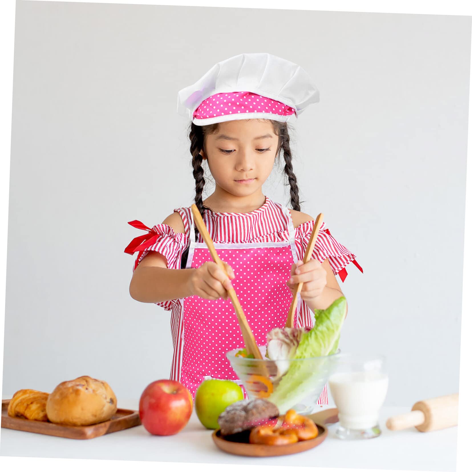 Kids Apron Set with Bonnet - Girls Pretend Play Kitchen Toy, Simulation Tableware & Role Play Costume for Toddlers - Perfect for Dress-Up, Cooking Fun & Imaginative Play