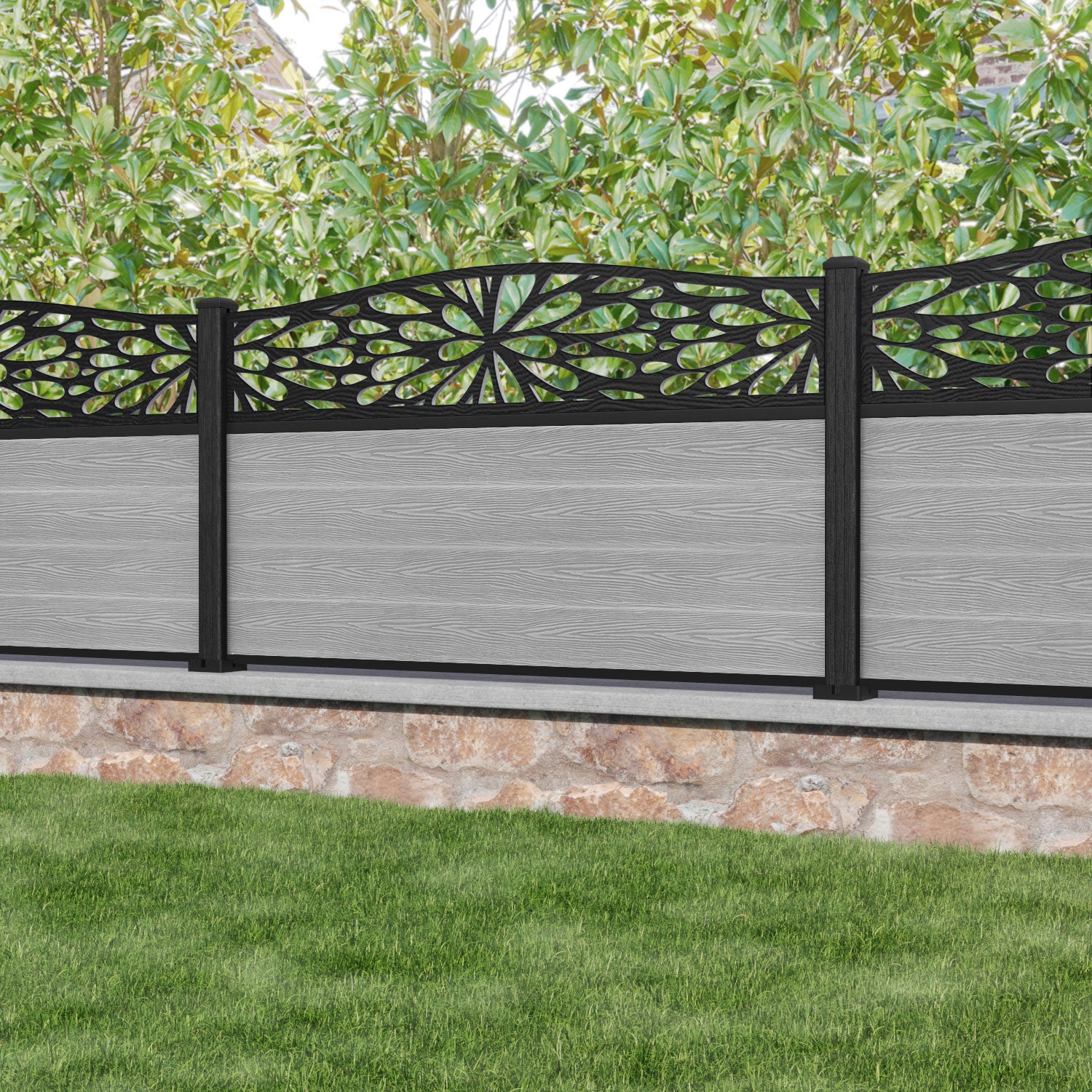 Classic Blossom Curved Top Fence Panel - Light Grey Composite Privacy Fence with Durable Posts | Perfect for Backyard, Garden & Patio Decoration