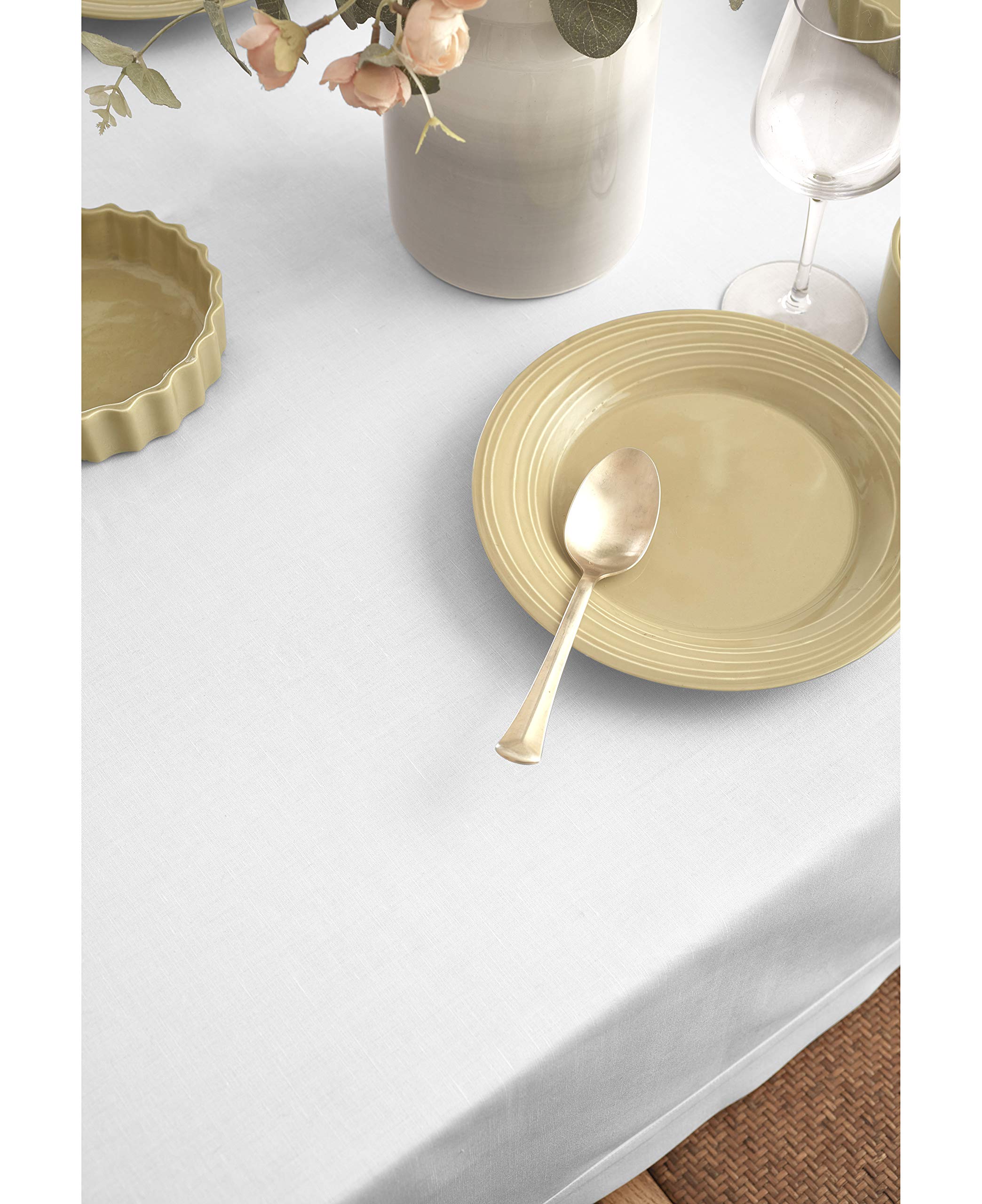 Premium Solino Home 60x104 Inch White Cotton Linen Tablecloth - Rectangle Table Cover for Weddings, Parties & Seasonal Decor (Spring, Easter, Mother's Day) - Machine Washable Dining Table Cloth for Everyday Use, Family Gatherings & Special Occasions
