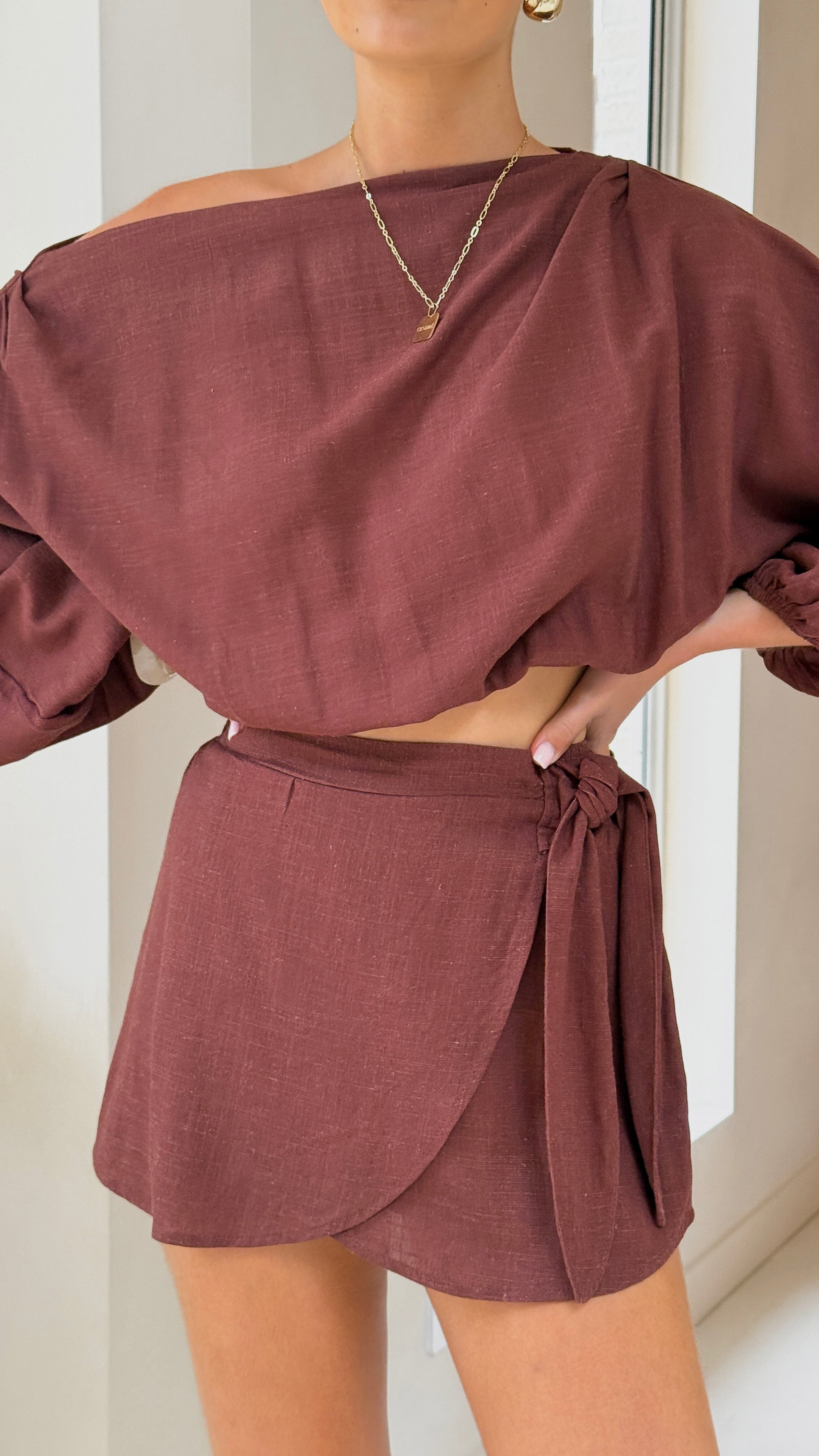 Ilara Wrap Skort - Chocolate Brown Flowy Skirt with Built-in Shorts for Women | Casual & Athletic Wear for Yoga, Running, and Summer Outfits