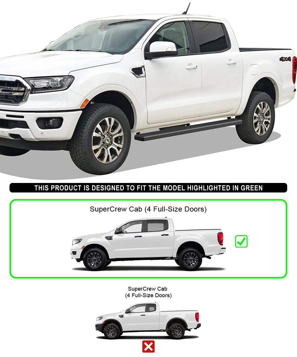 APS 5 Inch Matte Black Running Boards | Compatible with 2019-2023 Ford Ranger SuperCrew Cab 4-Door | Side Steps & Side Bars for Easy Entry & Exit | Off-Road & Daily Driving Accessories