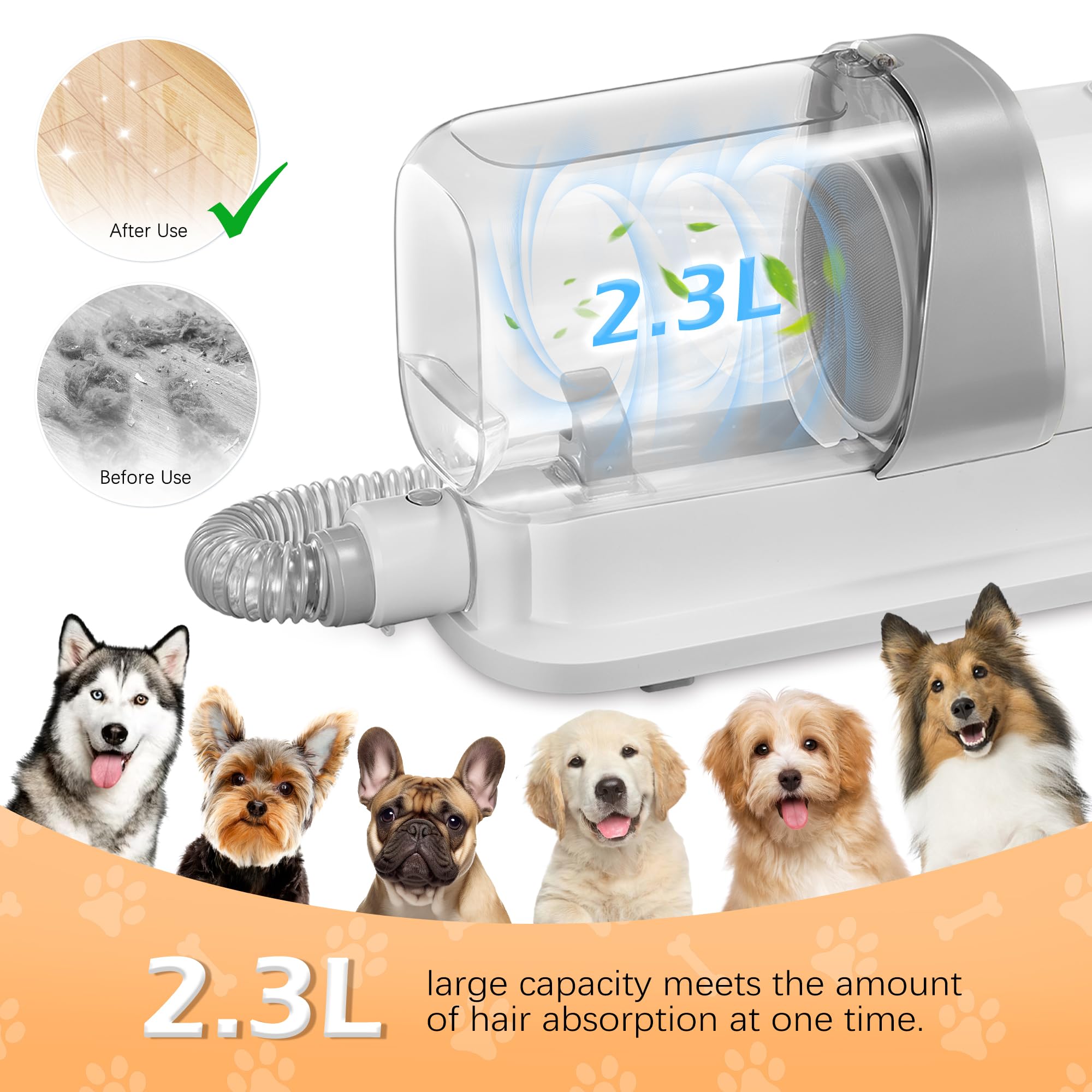 Professional Dog Grooming Vacuum with 2.3L Large Capacity - Pet Hair Vacuum Cleaner with 4 Grooming Tools for Shedding Control | Perfect for Home Grooming, Pet Salons & Allergy Relief (Grey)