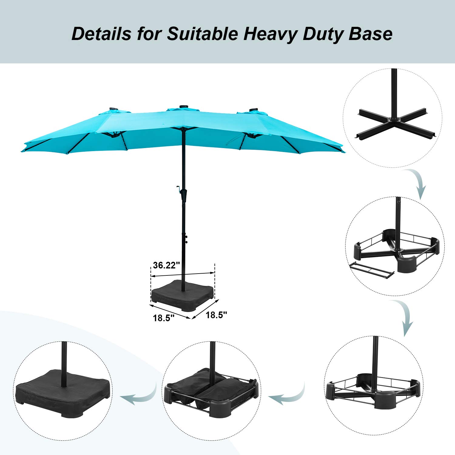 GDY 15Ft Solar Powered Patio Umbrella with 48 LED Lights - Double-Sided Outdoor Market Umbrella for Table, Aluminum Pole & Base Included (Blue) - Perfect for Backyard, Garden, Poolside & Outdoor Dining Areas