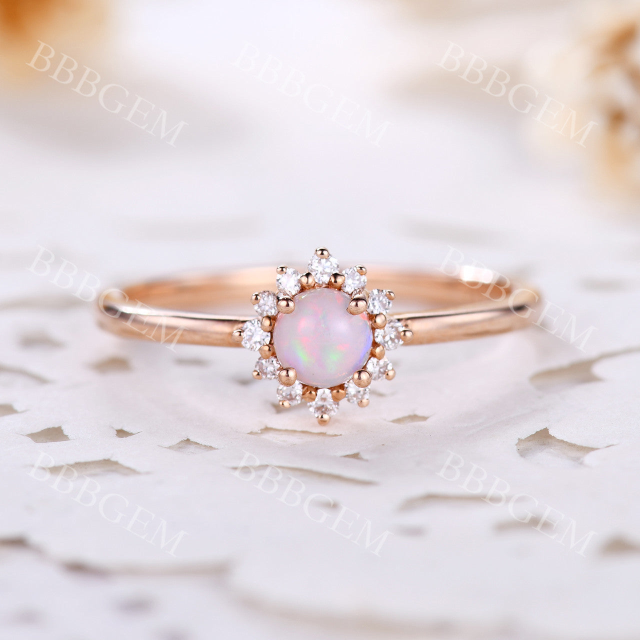 0.5CT Dainty White Fire Opal Engagement Ring with Diamond Halo in Rose Gold - Perfect for Wedding, Proposal & Anniversary Gifts