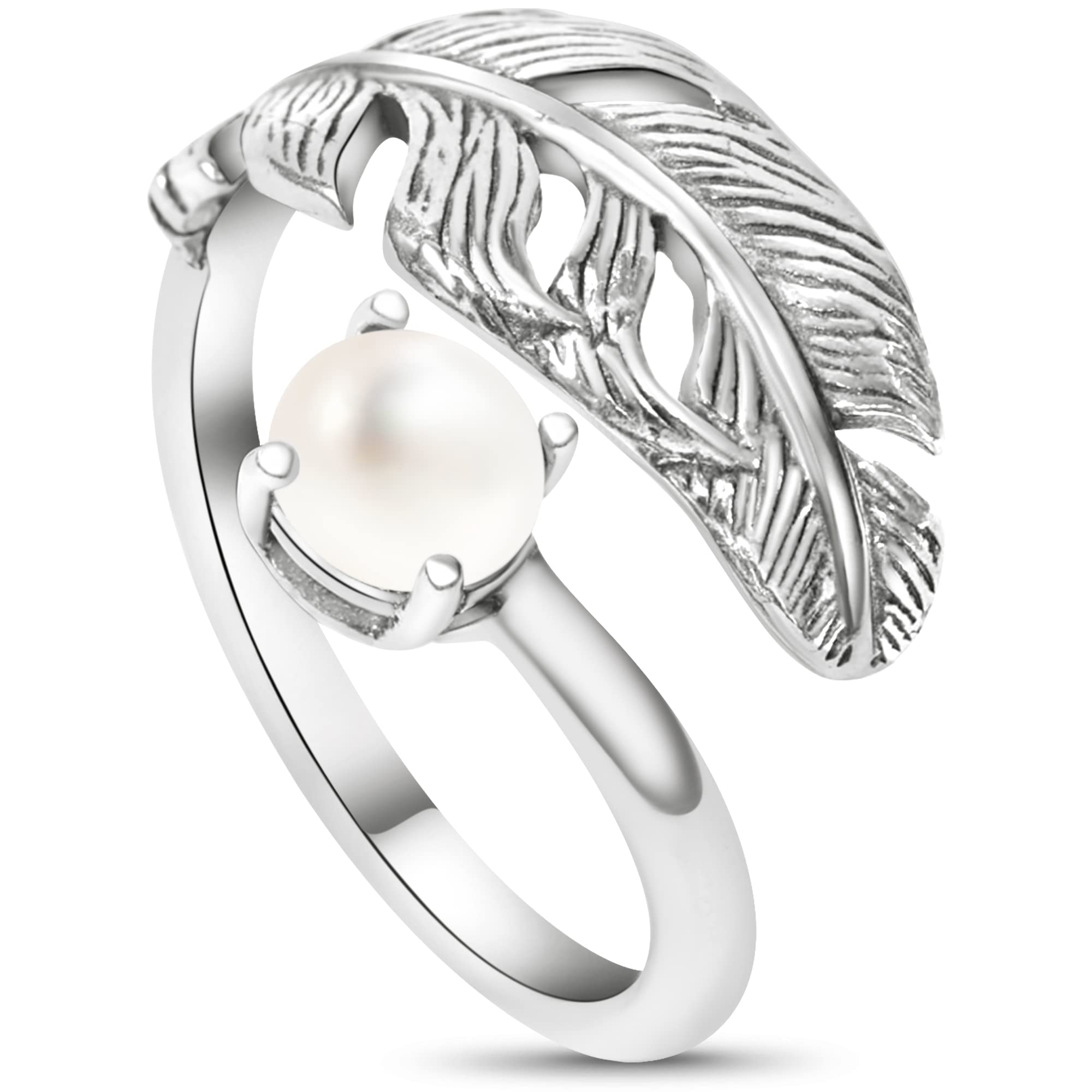 925 Sterling Silver Pearl Bypass Rings for Women | Elegant Feather Design Anniversary & Statement Jewelry | Perfect for Weddings, Date Nights & Special Occasions