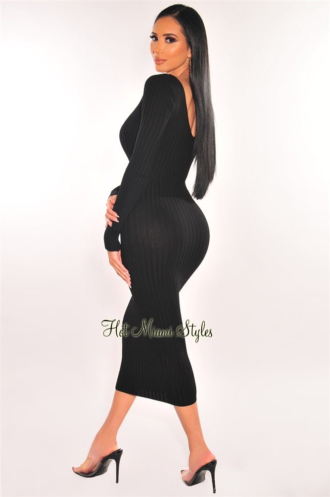 Black Ribbed Knit Plunge Neck Long Sleeve Midi Dress with Bralette - Elegant Bodycon Outfit for Date Night, Party & Fall Fashion