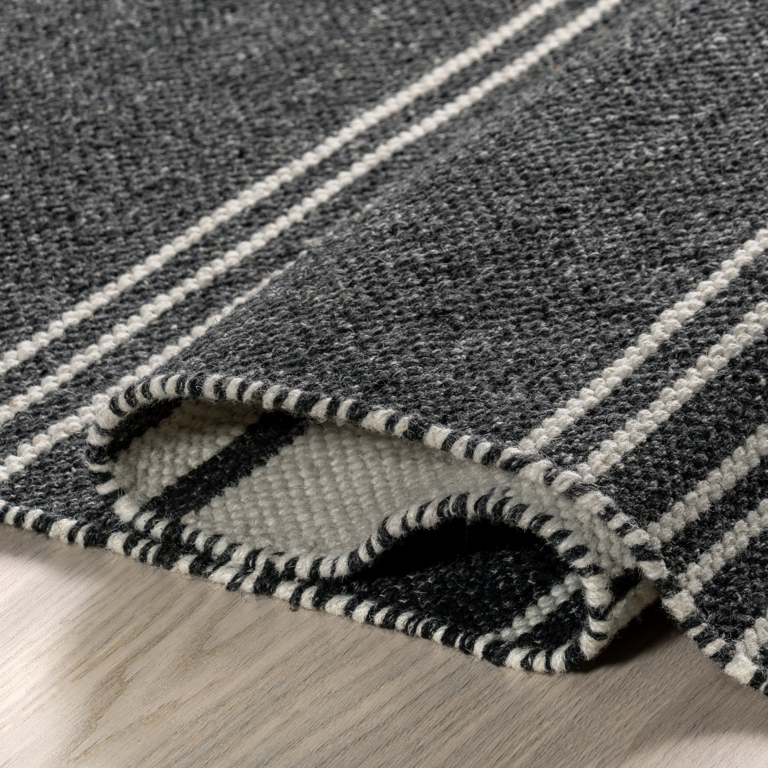 Reversible Striped Wool Rug - Dark Grey & Natural Birchwood | Soft & Durable for Living Room, Bedroom, or Office Decor