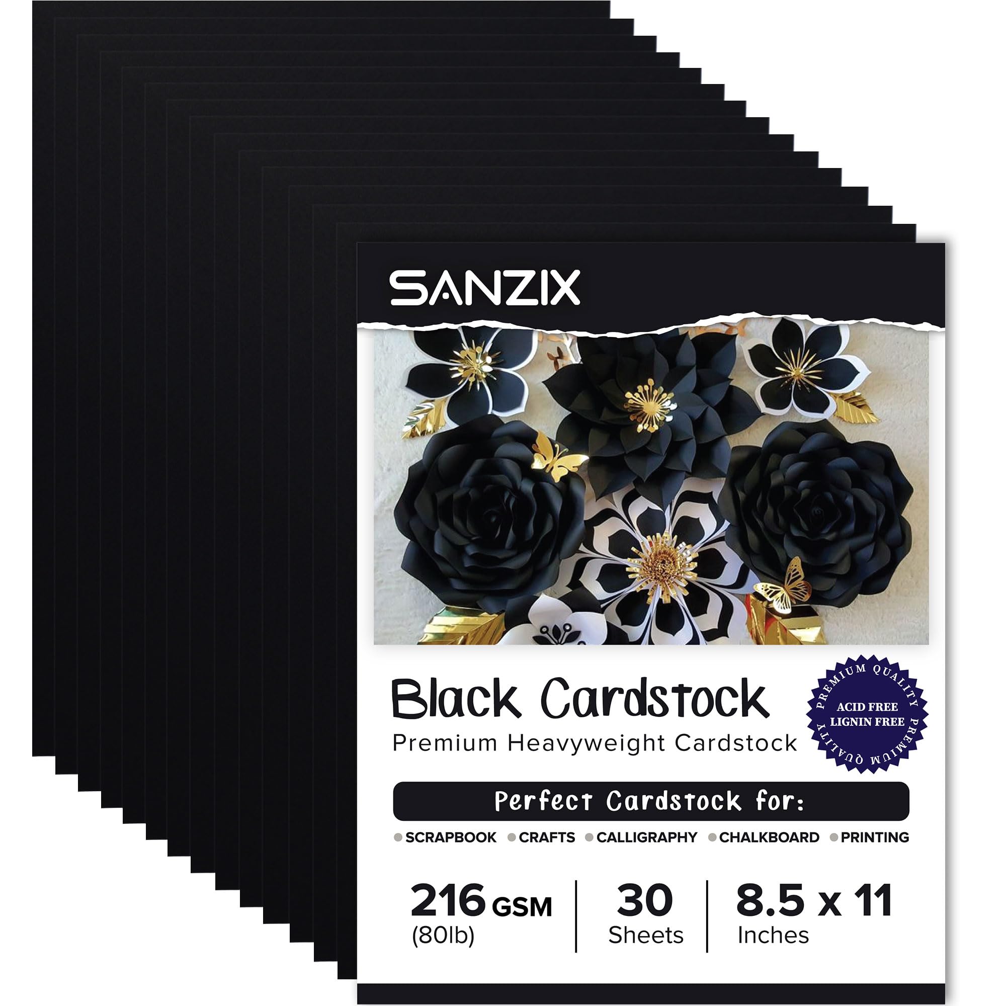 Premium SANZIX 30-Pack Black Cardstock Paper 8.5
