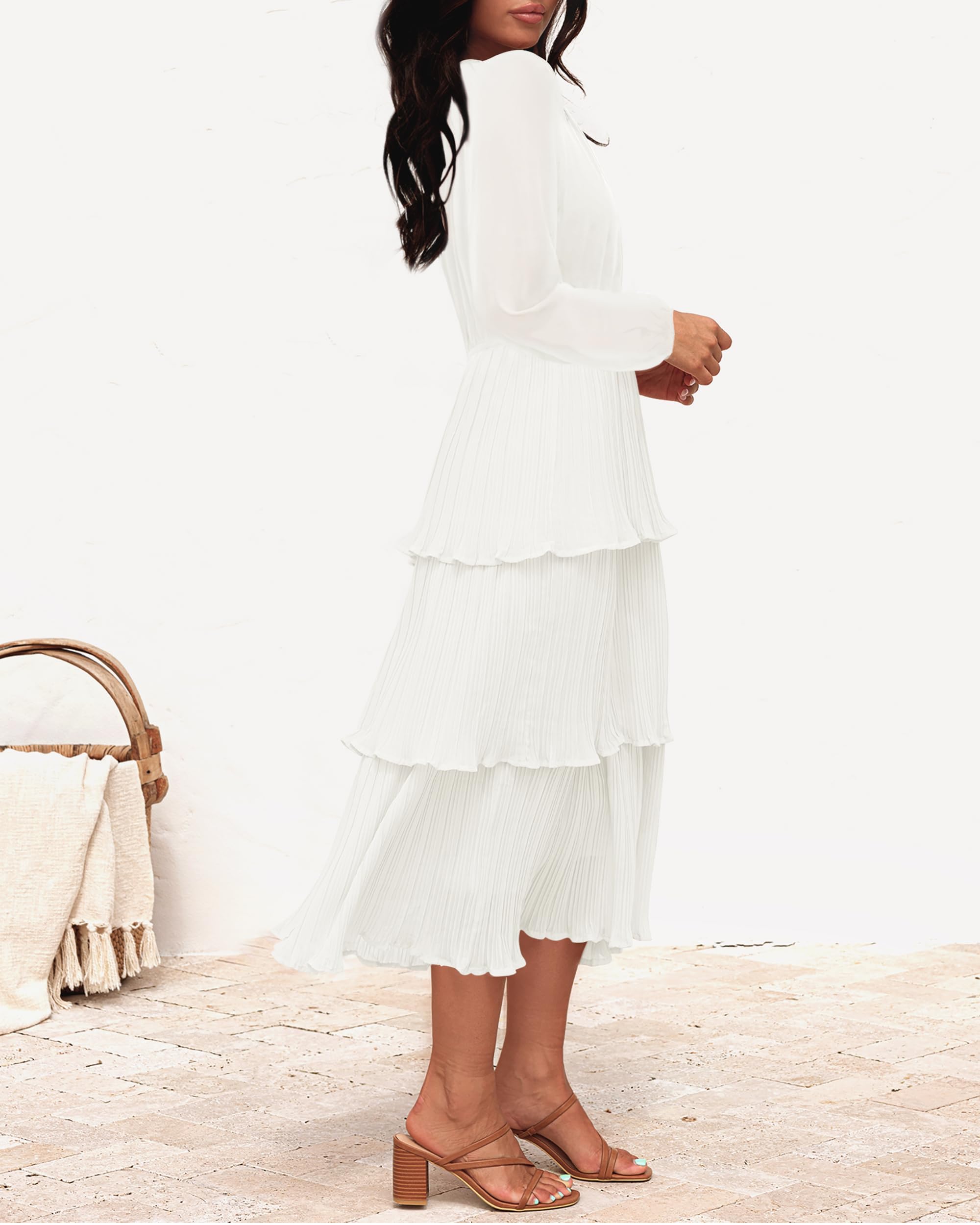 ZESICA Women's 2025 Long Sleeve Chiffon Dress with Ruffle & Tiered Layers - Elegant Crew Neck Swing Midi Dress for Casual Wear, Date Night & Special Occasions
