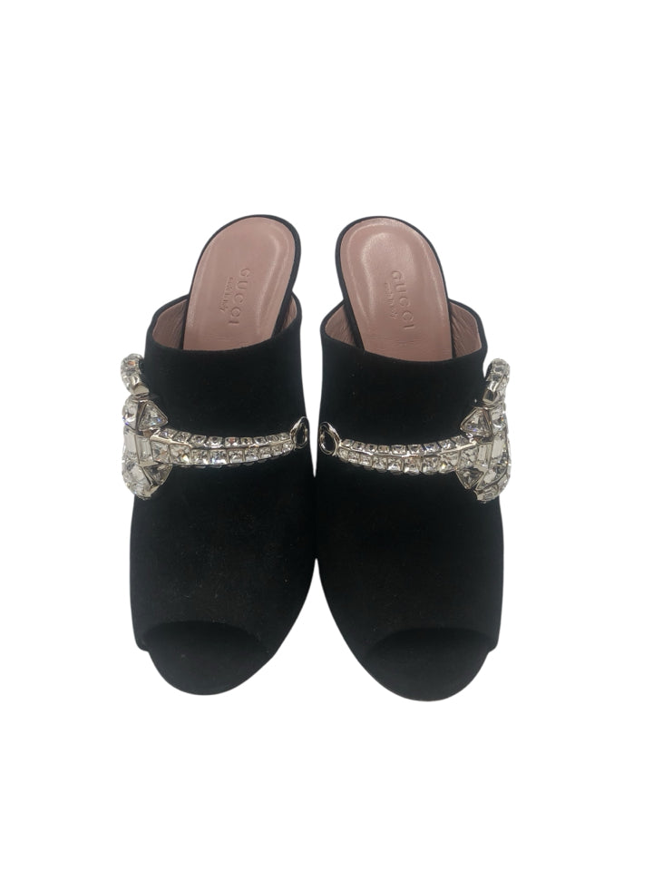 Gucci Maxime Crystal Icon Peep Toe Heeled Mule Sandals Women's Size 38.5 (US 8.5) - Luxury Evening Party & Wedding Shoes for Women