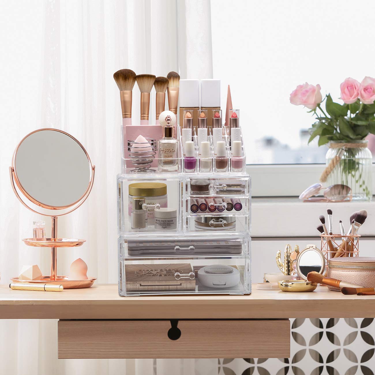 Sorbus Large Clear Makeup Organizer - Detachable 3-Piece Jewelry & Cosmetic Storage Set - Spacious Vanity Display Tower for Makeup Brushes, Lipsticks & Skincare - Perfect for Bedroom, Bathroom & Dresser Organization