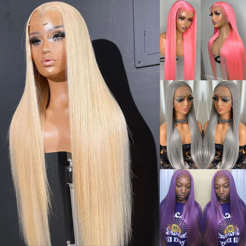 Eullair #613 Blonde Lavender Purple Pink Grey Straight Human Hair Wig with 13x4 Transparent Lace Frontal for Women | Perfect for Cosplay, Daily Wear & Special Occasions