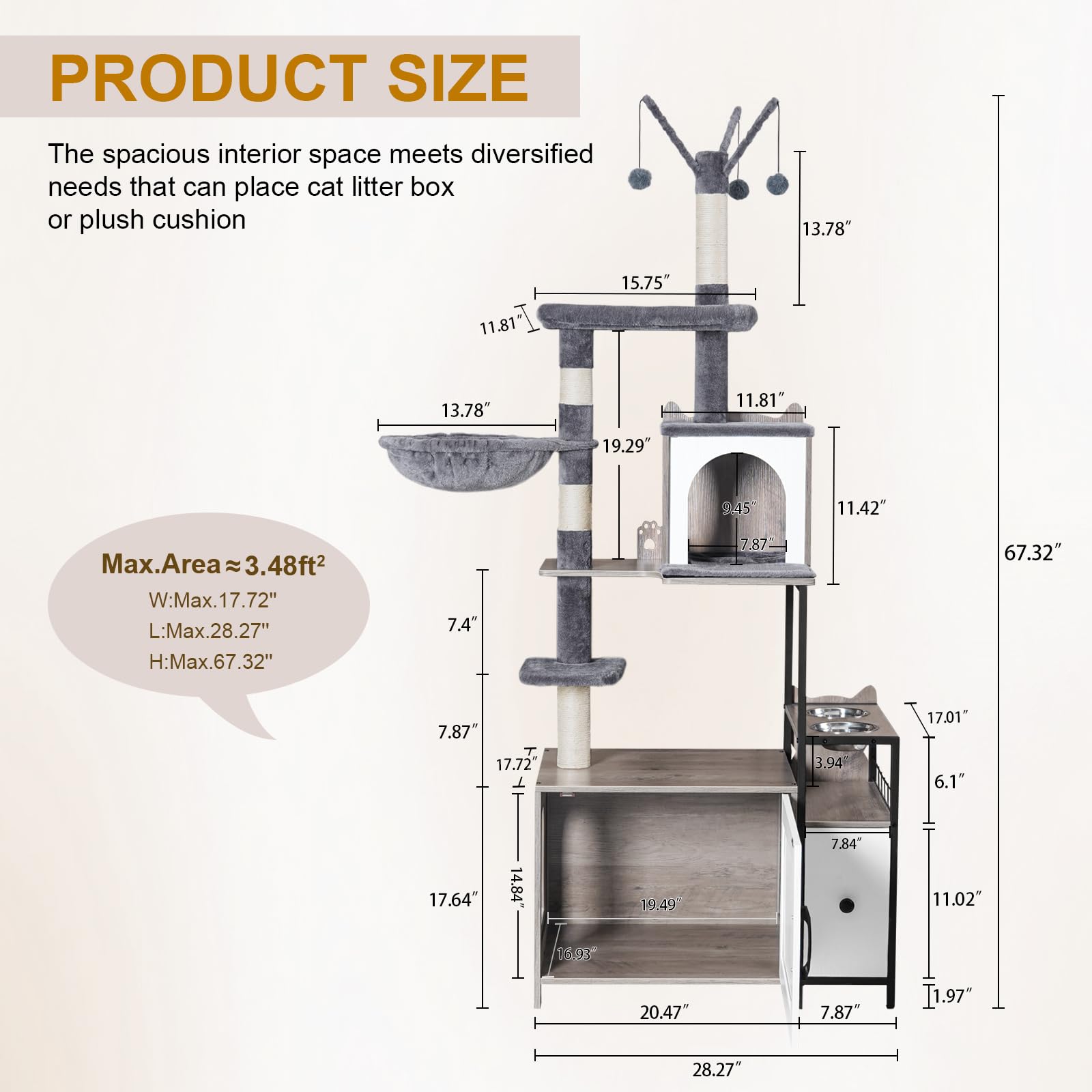 Snughome 3-in-1 Modern Cat Tree with Hidden Litter Box Enclosure - 67.32’’ Tall Cat Tower Furniture for Indoor Cats Featuring Condo, Food Station & Hammocks - All-in-One Grey Cat Furniture for Small Spaces & Apartments - Perfect for Play, Rest & Feeding Areas