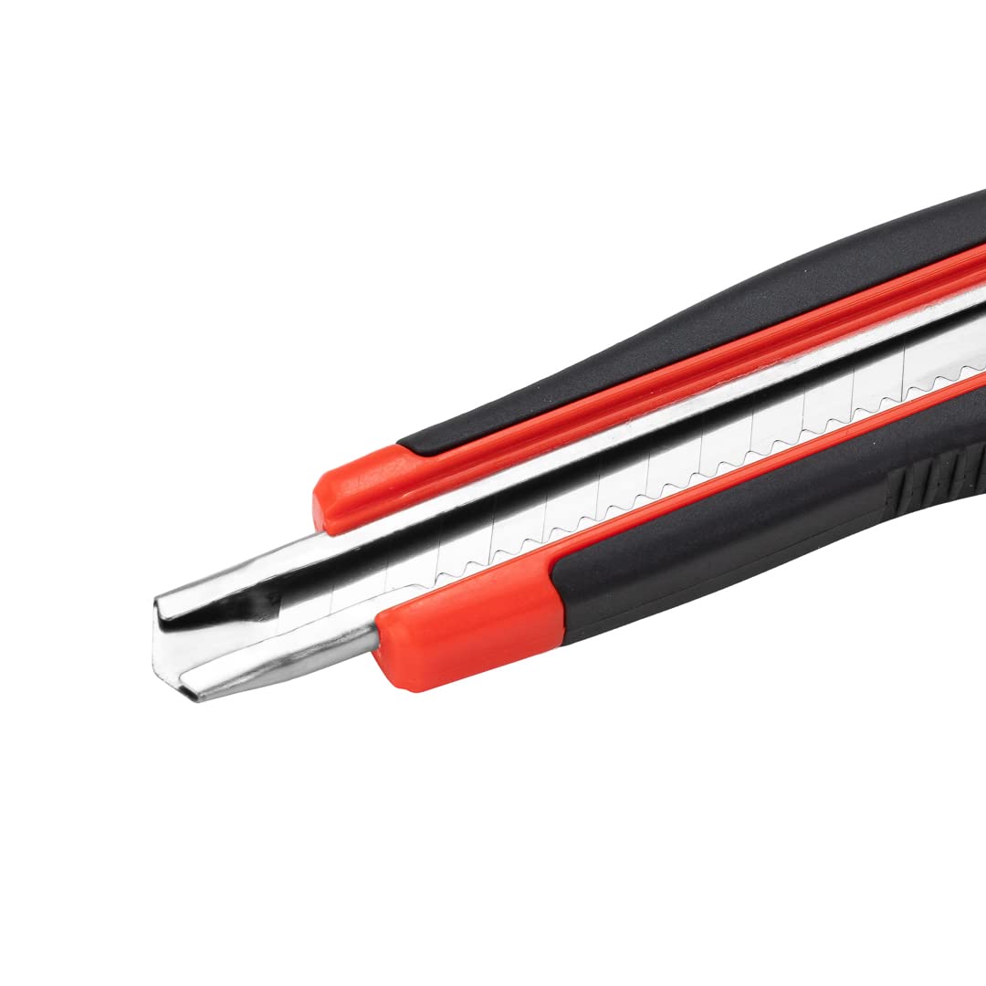 Handy Tek 5.3 Inch Retractable Utility Knife Set of 4 - Snap-Off Blades, Built-In Safety Lock, Heavy Duty Orange Plastic Breakaway Knives with Sharp Blades - Perfect for Restaurant, Kitchen, Packaging & DIY Projects