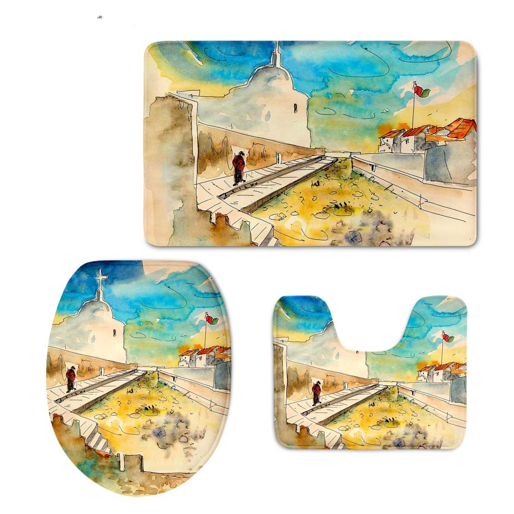 UNICEU Non-Slip U-Shaped Bath Rug Set - 3 Piece Absorbent Toilet Pads for Bathroom Safety (Oil Painting Design) - Perfect for Bathroom Floor, Shower Area & WC Protection