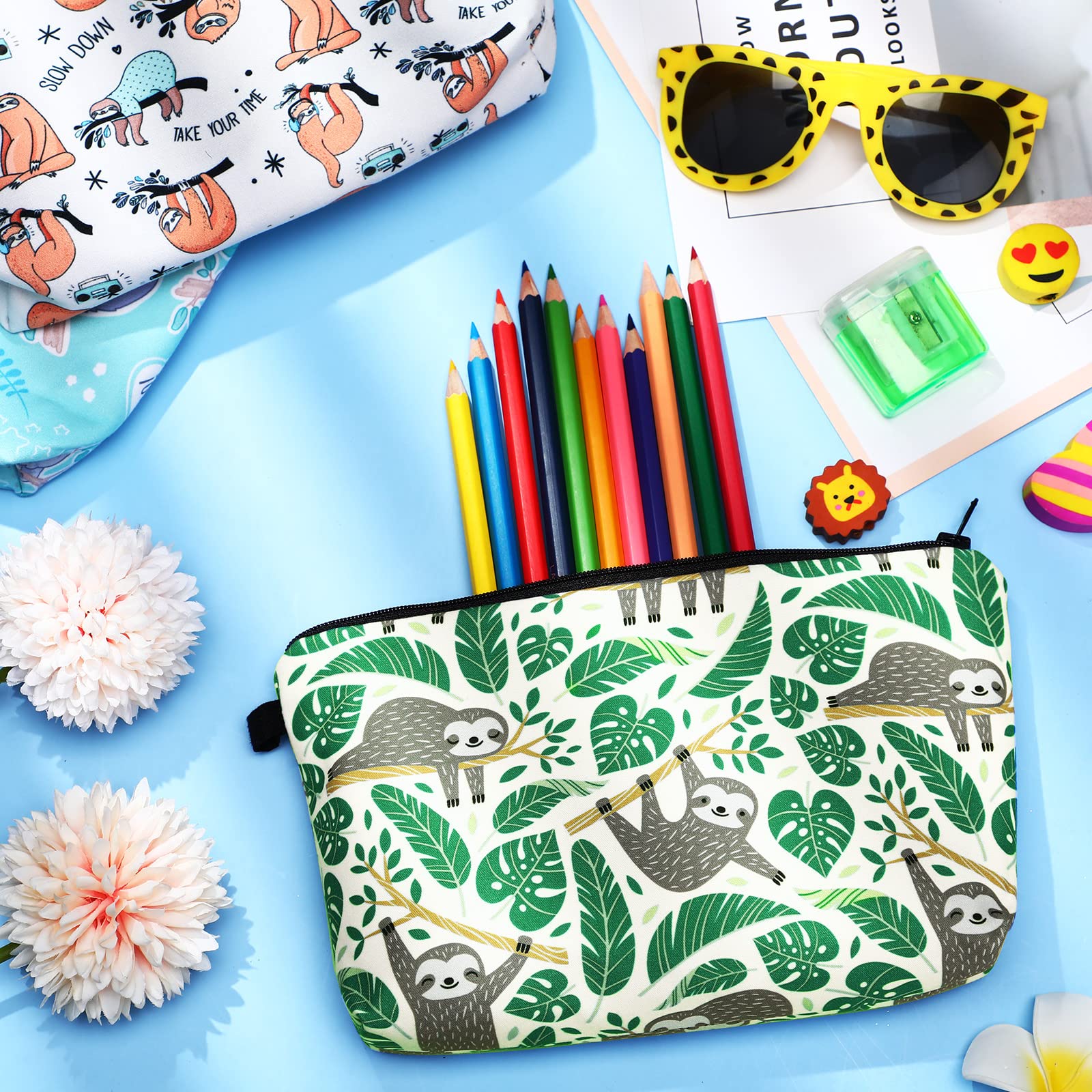 Sanwuta 12-Piece Waterproof Cosmetic Makeup Bag Set - Printed Roomy Toiletry Organizer with Zipper for Women (Sloth Design) - Perfect for Travel, Gym & Daily Beauty Storage