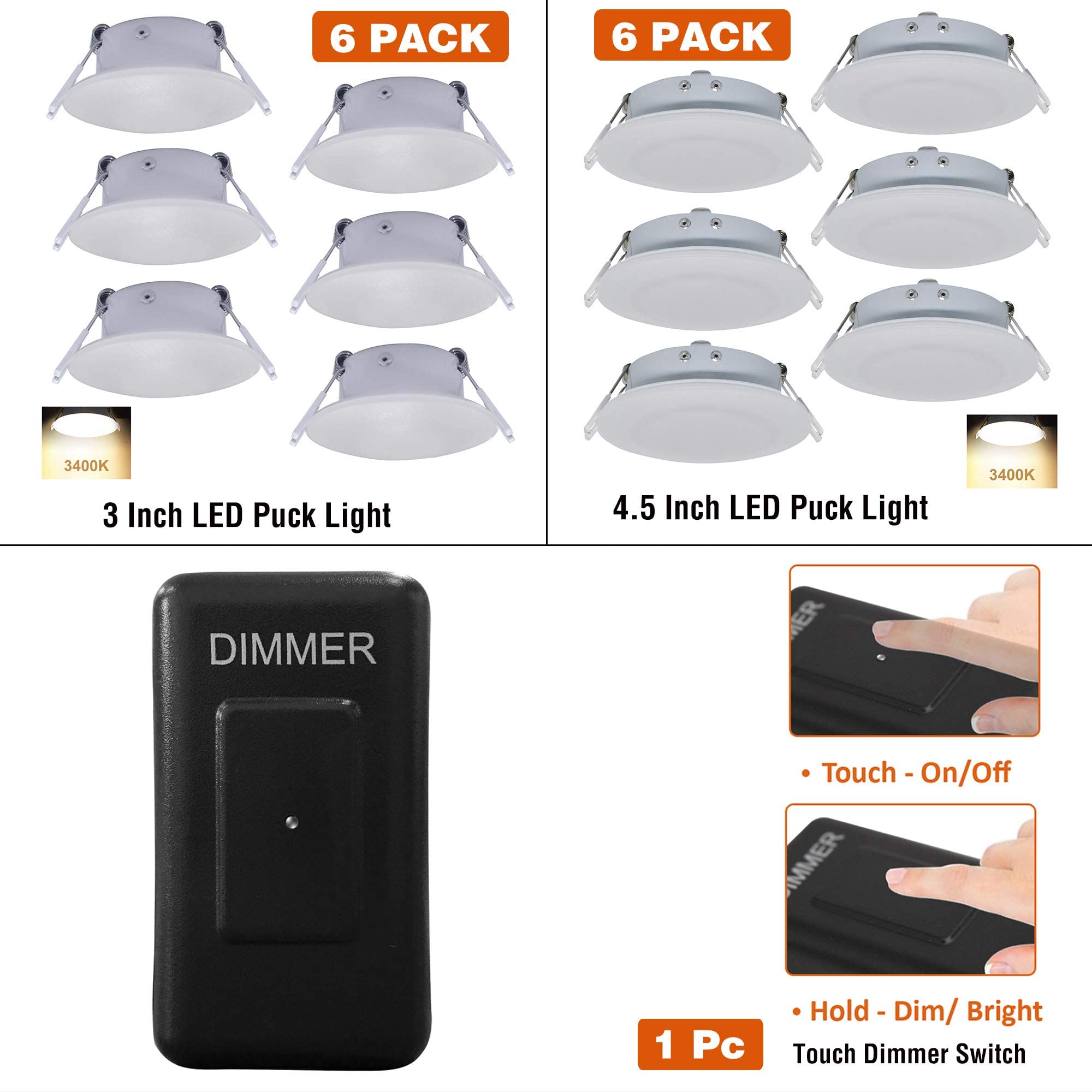 Facon RV Puck Light with Dimmer Switch Set - 6Packs 4.5 Inch and 6Packs 3 Inch Recessed LED Lights, 60W Touch Dimmer - Perfect for RV, Camper, Trailer, and Marine Lighting