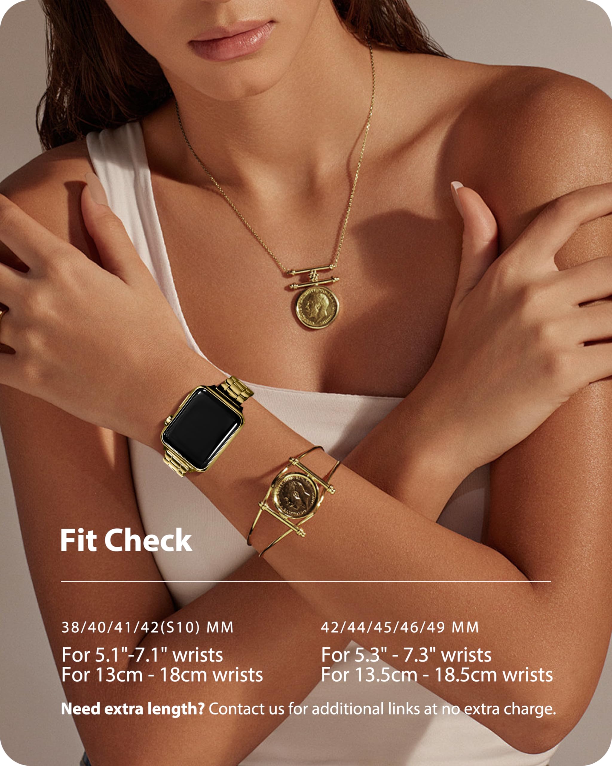 Fullmosa Stainless Steel Metal Band for Apple Watch Series 10 42mm, Series 9/8/7 41mm, SE2/SE/6/5/4 40mm, Series 3/2/1 38mm - Gold Women's Smartwatch Strap for Workout, Office & Everyday Wear