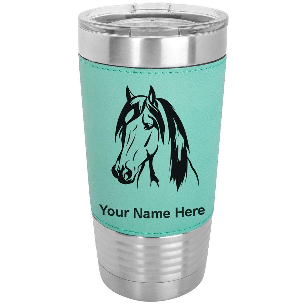 LaserGram 20oz Vacuum Insulated Stainless Steel Tumbler Mug with Horse Head Design - Personalized Engraving, Faux Leather Handle, Teal Color - Perfect for Coffee, Tea & Cold Drinks at Home, Office or Travel
