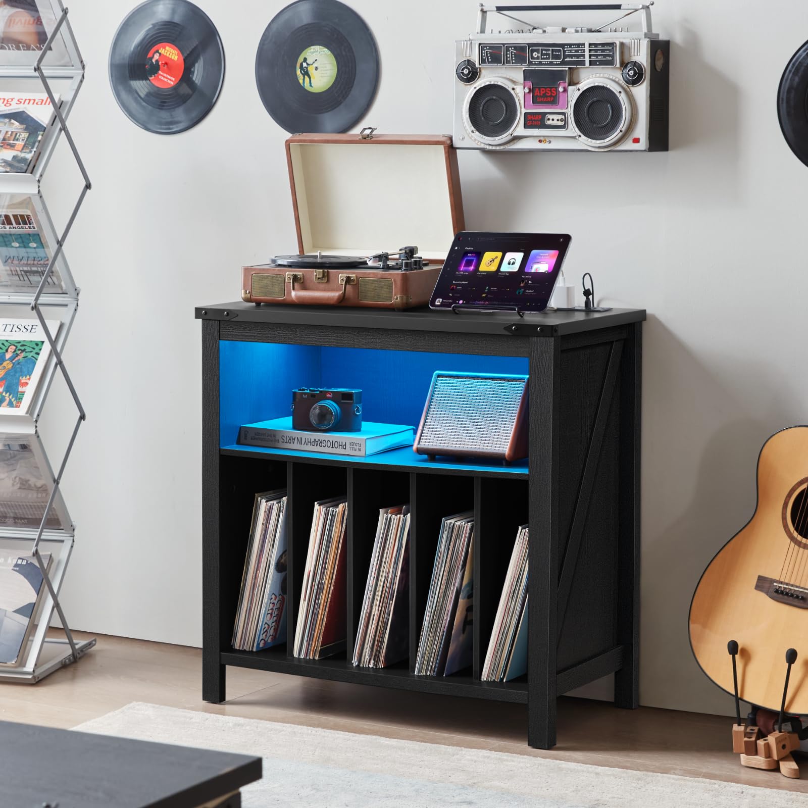 Large Vinyl Record Player Stand with USB Charging Station & LED Lights - Holds 230+ Albums, Turntable Storage Holder with Display Shelf - Perfect for Music Room, Bedroom, Living Room DJ Setup & Vinyl Collection Display
