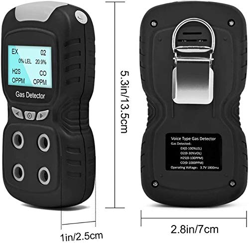 Portable 4-Gas Detector for EX/H2S/CO/O2 - Rechargeable Multi-Gas Monitor with LCD Display, Sound, Light & Vibration Alarms - Durable Gas Analyzer for Industrial Safety, Confined Space & Workplace Monitoring