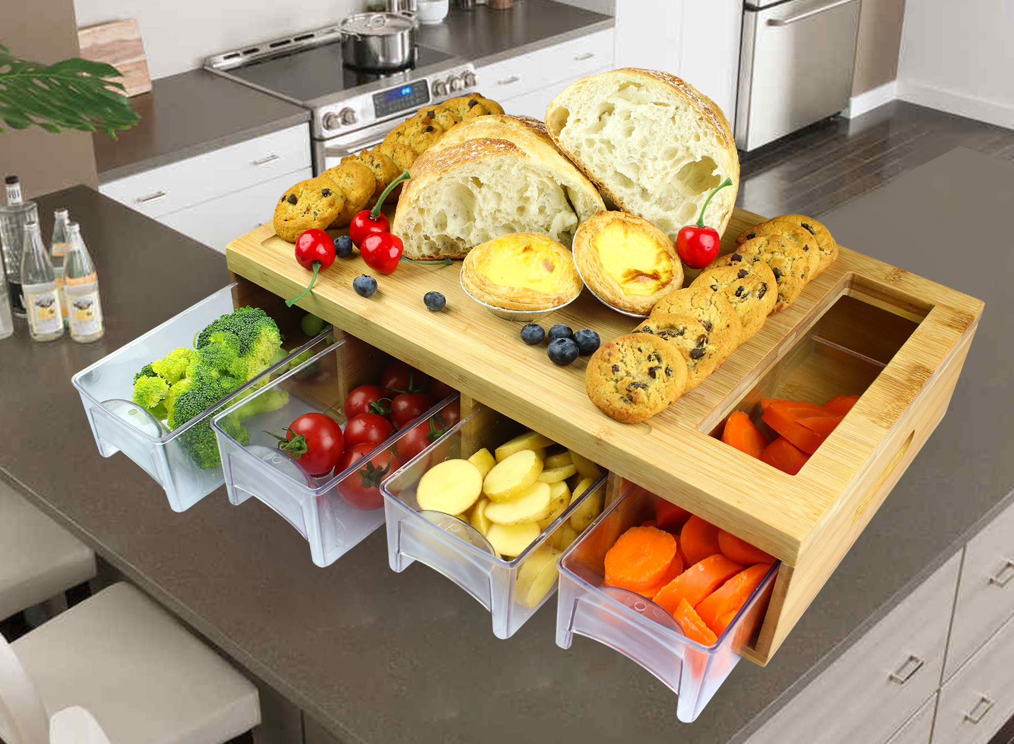 Premium Bamboo Cutting Board with 4 Storage Trays & Lids - Non-Slip Juice Grooves, Ergonomic Handles - Perfect for Meal Prep, Kitchen Organization & Easy Cleanup - Ideal for Home Chefs & Professional Kitchens