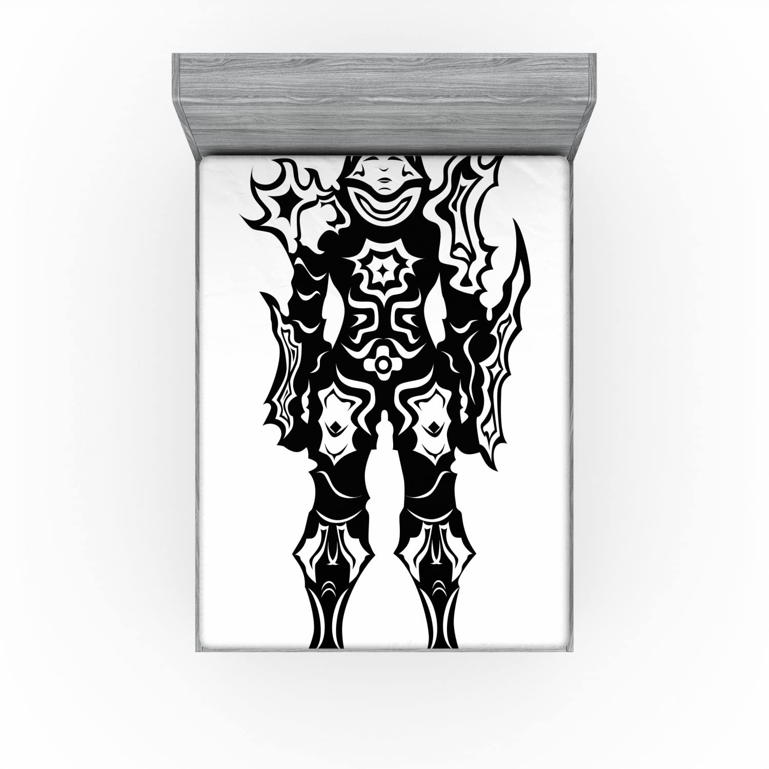 Ambesonne Black & White Video Game Fitted Sheet - Queen Size Bed Cover with Deep Pocket Elastic - Fantasy Creature Design for Gamers - Perfect for Gaming Rooms, Dorm Decor & Themed Bedrooms