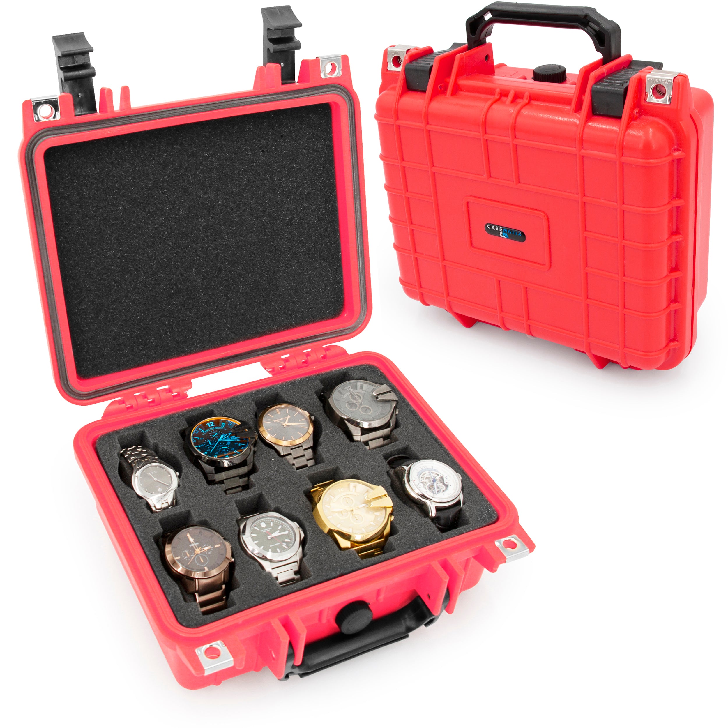 Premium CASEMATIX Waterproof Watch Travel Case - 8 Watch Roll Holder with Foam Display Tray - Fits 24mm to 56mm Watch Faces (Red) - Perfect for Travel, Storage & Watch Collection Organization