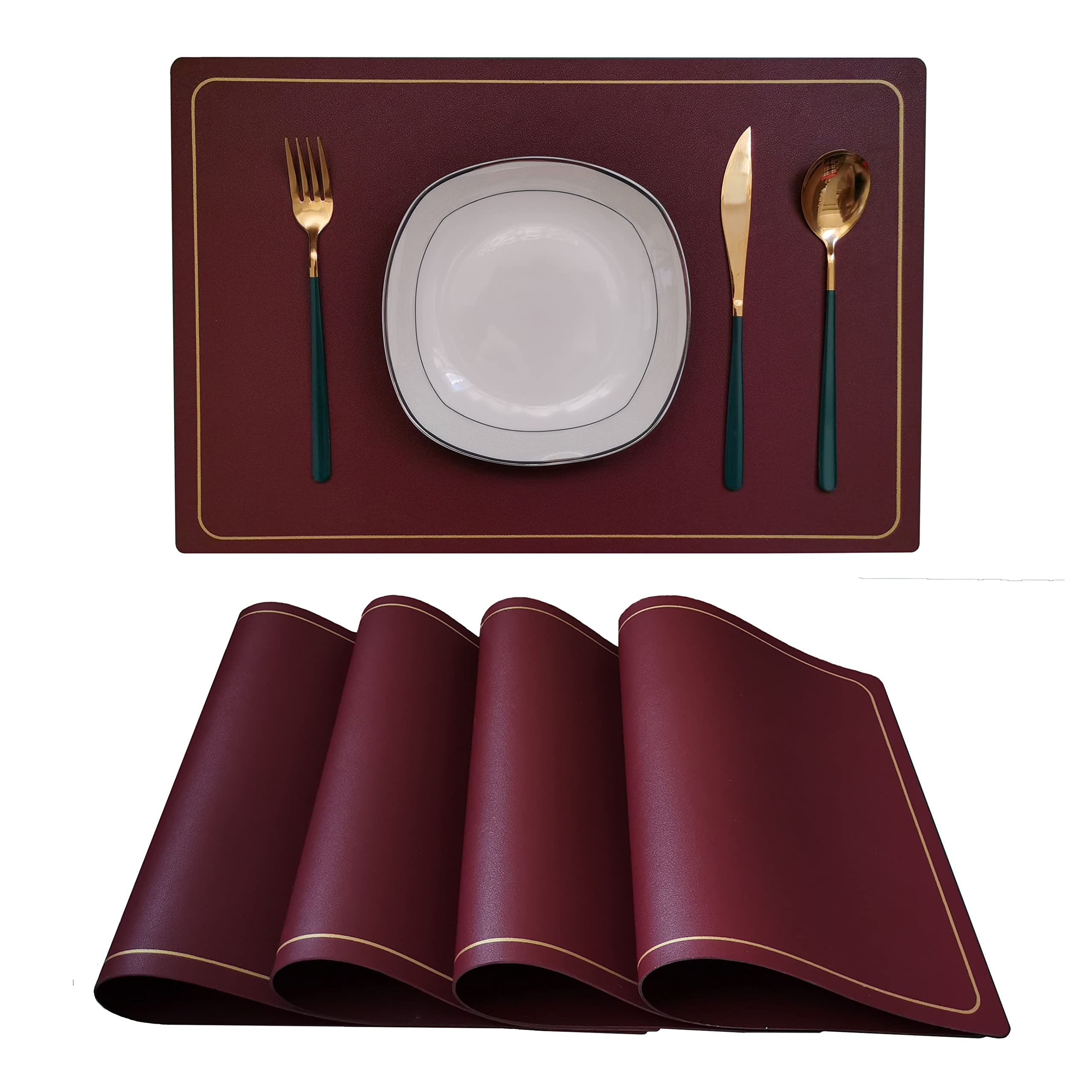 Premium PU Leather Placemats Set of 4 - Heat Resistant, Waterproof & Non-Slip Dining Table Mats for Home, Kitchen & Hotel Use - Easy to Clean Christmas Decorative Placemats (Burgundy Red) - Perfect for Holiday Dinners, Parties & Everyday Dining