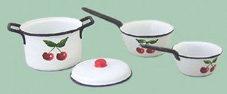 Miniature Doll House Pot with Lid & 2 Cherry Sauce Pans - Perfect for Dollhouse Kitchens, DIY Miniature Crafts & Collectors