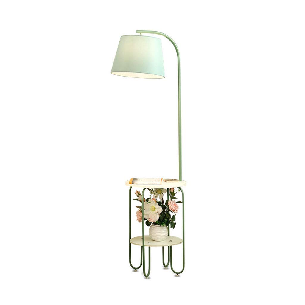 Nordic Style LED Floor Lamp with USB Charging Port & Storage Tray - Green Fabric Lampshade Standing Light for Bedroom, Living Room - Modern Wrought Iron Design for Home Decor & Reading
