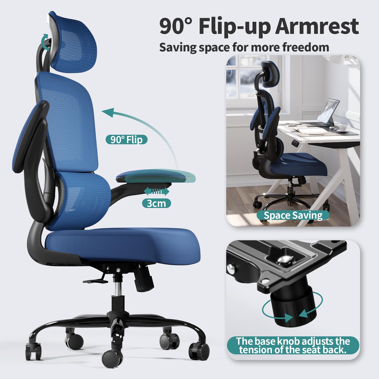 Ergonomic Office Chair with Wheels - 330 LBS Capacity Mesh Desk Chair for Home & Gaming, High Back Support for Long Hours (Blue) - Perfect for Home Office, Gaming Setup & Workspaces