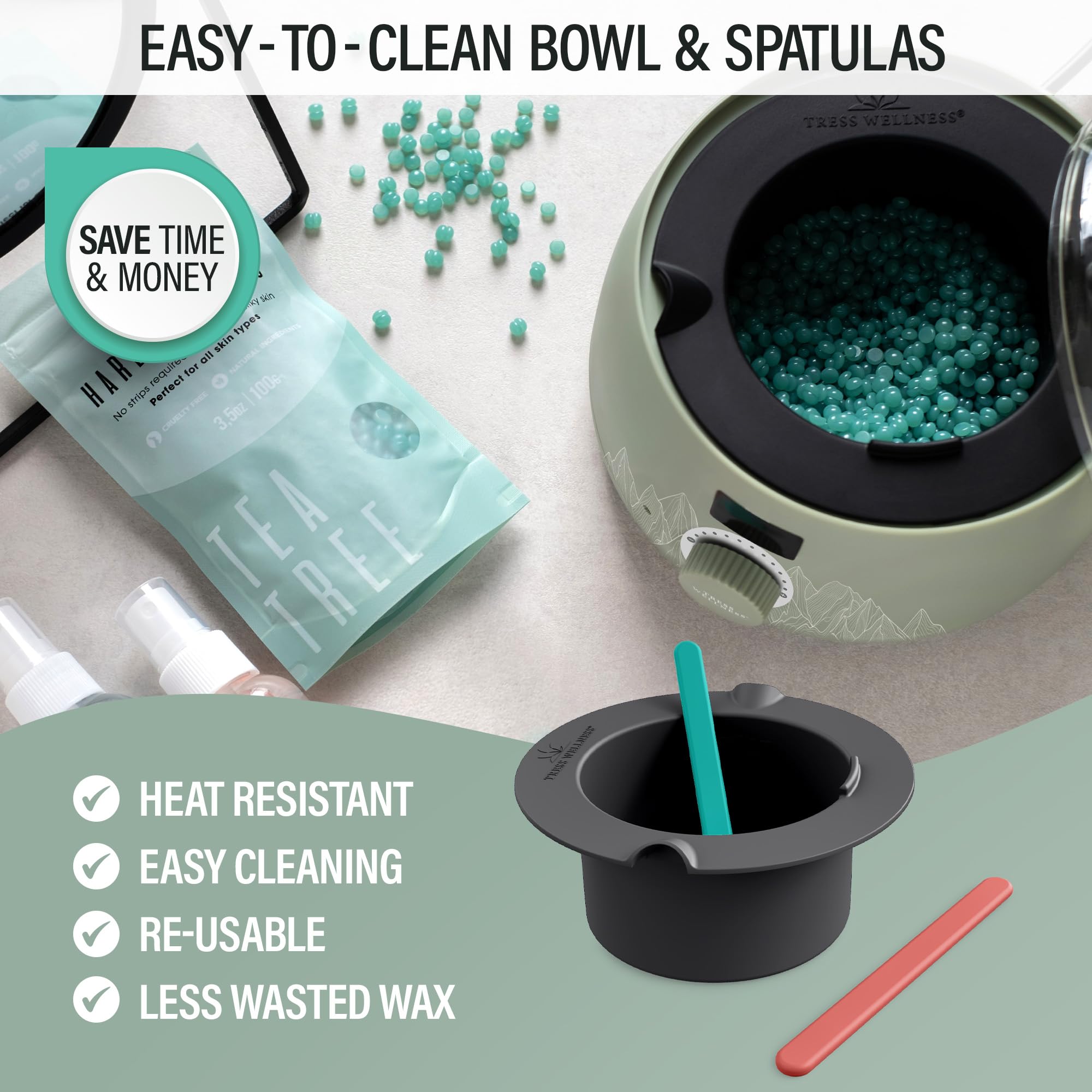 Tress Wellness Green Warmer Kit & Silicone Waxing Bowl Set for Bikini Waxing - Professional At-Home Hair Removal Solution for Smooth Skin