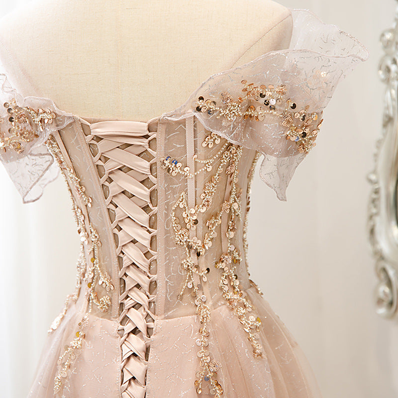 Elegant Off Shoulder Pink Tulle Prom Dress with Sequins - Long Formal Evening Gown for Homecoming, Quinceañera & Special Occasions | Perfect for Prom Night, Wedding Guest & Black Tie Events