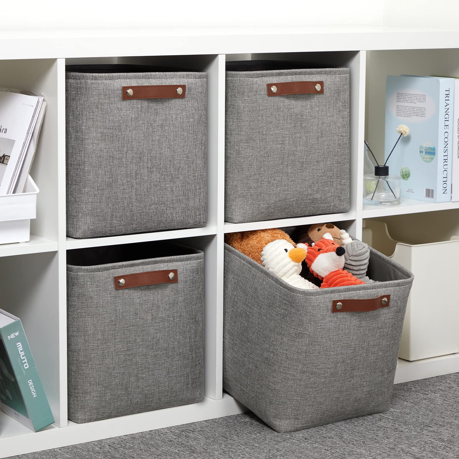 DULLEMELO 12 Inch Cube Storage Bins - Large Collapsible Fabric Storage Baskets for Shelves (4 Pack, Grey) | Perfect for Home Organization, Nursery, Office & Closet Storage