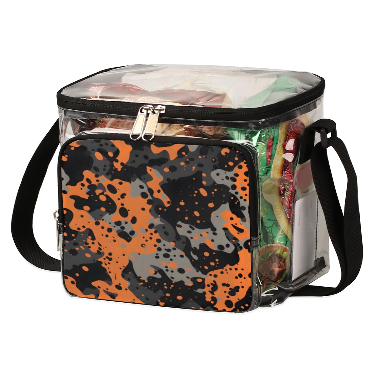 Military Camouflage Orange Black Clear Tote Bag with Handles - Transparent Crossbody Shoulder Bag for Outdoor, Travel, Picnic, Concerts & Sports Events - Stadium Approved Lunch Bag - Durable & Stylish for Camping, Beach & Shopping
