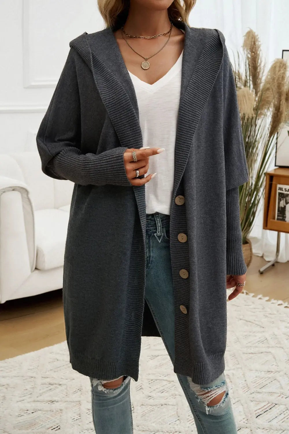 Women's Button Up Long Sleeve Hooded Cardigan Sweater - Cozy Fall & Winter Layering Piece for Casual Outfits and Office Wear