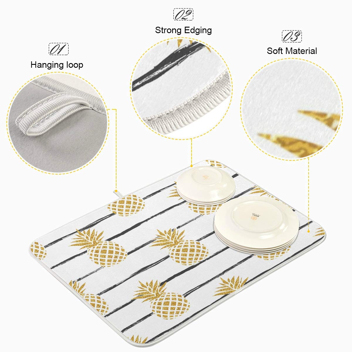 Summer Gold Pineapple Dish Drying Mat - Ultra Absorbent Reversible Microfiber Kitchen Counter Mat (16x18 Inches) | Heat-Resistant, Non-Slip for Dishes, Cups & Utensils | Perfect for Kitchen Countertops, Sink Areas & Dining Tables