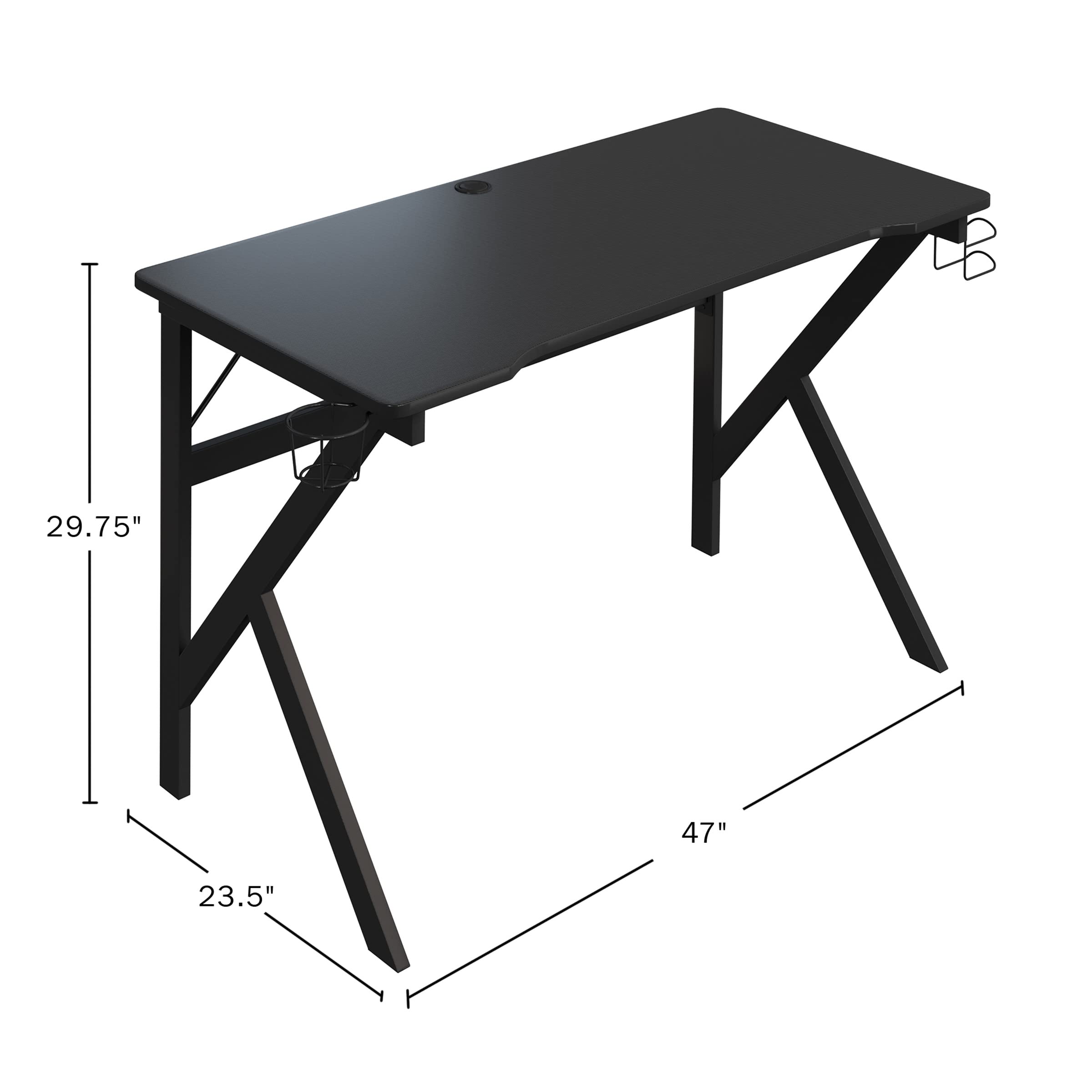 Premium Gaming Computer Desk with Carbon Fiber Texture - Sturdy PC Desk with Cup Holder, Headphone Hook & Cable Management | Ergonomic K-Shaped Legs for Home Office & Gaming Setup by Lavish Home (Black)