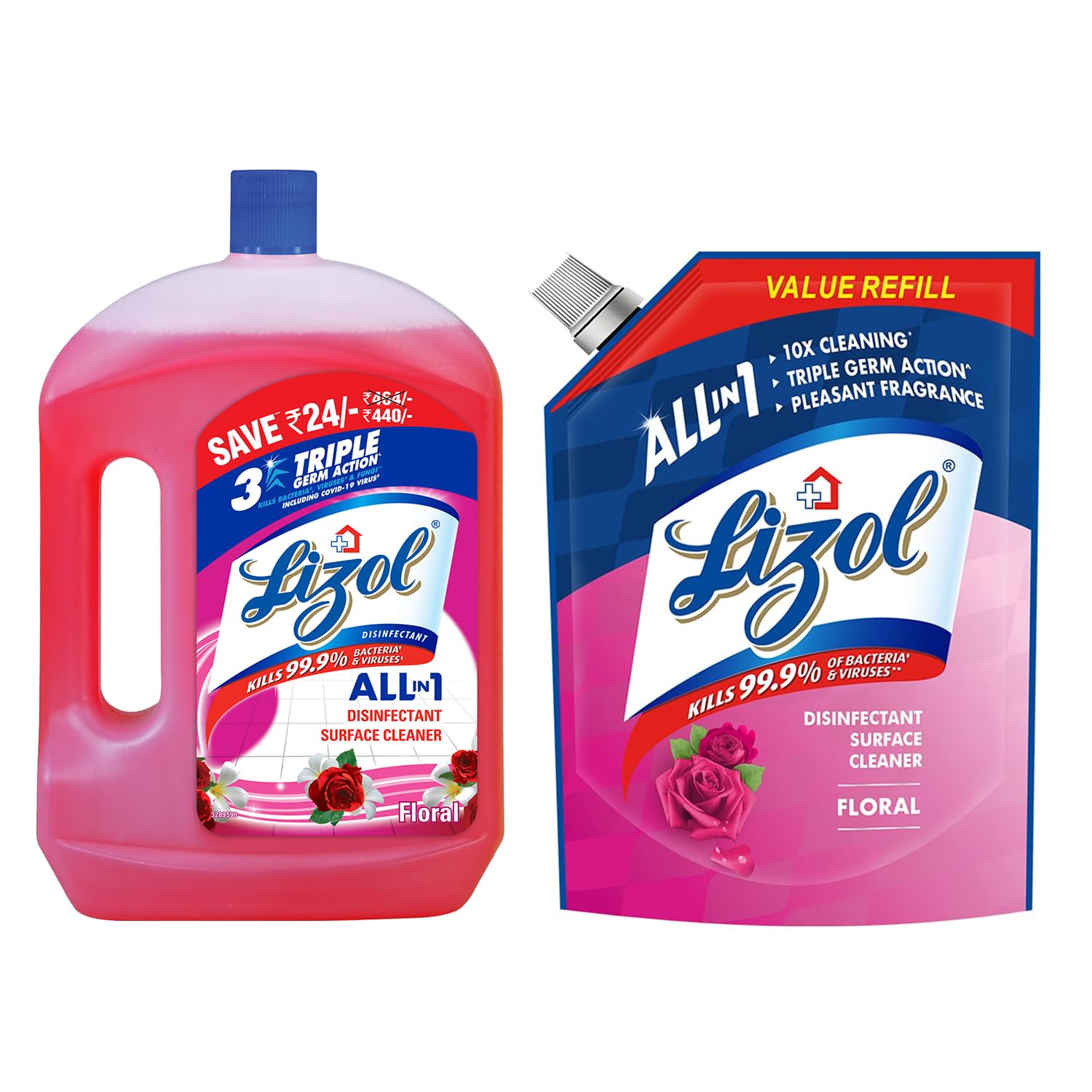 Lizol Disinfectant Surface & Floor Cleaner Liquid Combo Pack - Floral Scent (2L + 1800ml Refill) | Kills 99.9% Germs & Bacteria | India's #1 Floor Cleaner | Ideal for Kitchen, Bathroom & High-Traffic Areas