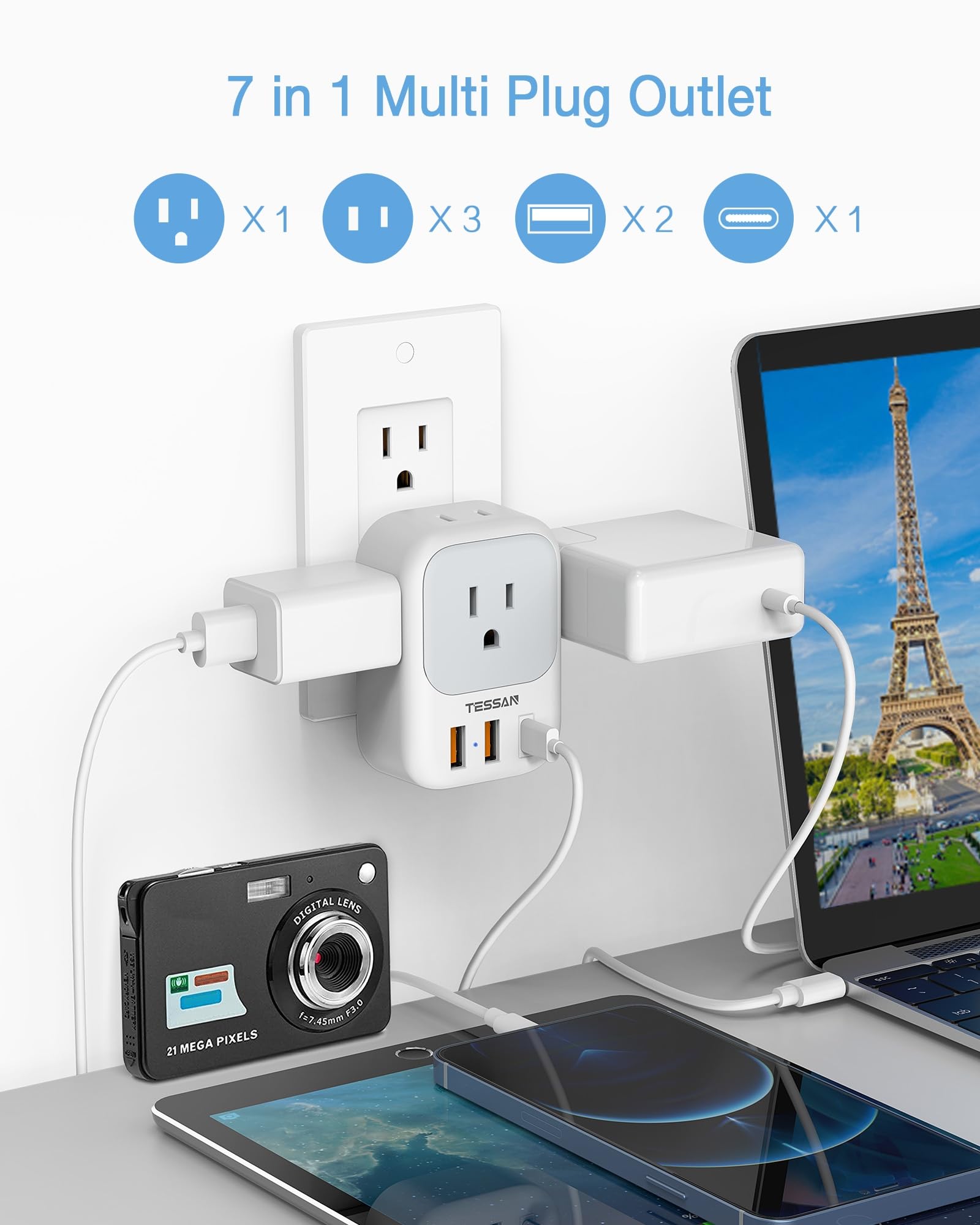 TESSAN 20W PD Fast Charger with 3 Ports (1 USB-C) - Compact Cube Wall Charger for iPhone, Samsung, iPad - Perfect for Travel, Cruise, Home, Office & Dorm Essentials