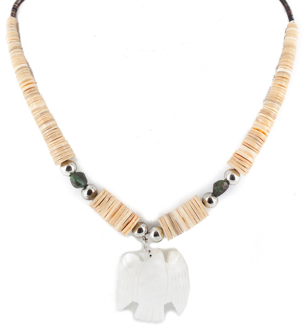 Certified Authentic Navajo .925 Sterling Silver Natural Turquoise Graduated Melon Shell Bird Native American Necklace - Perfect for Boho Fashion, Southwest Style & Cultural Jewelry Collections