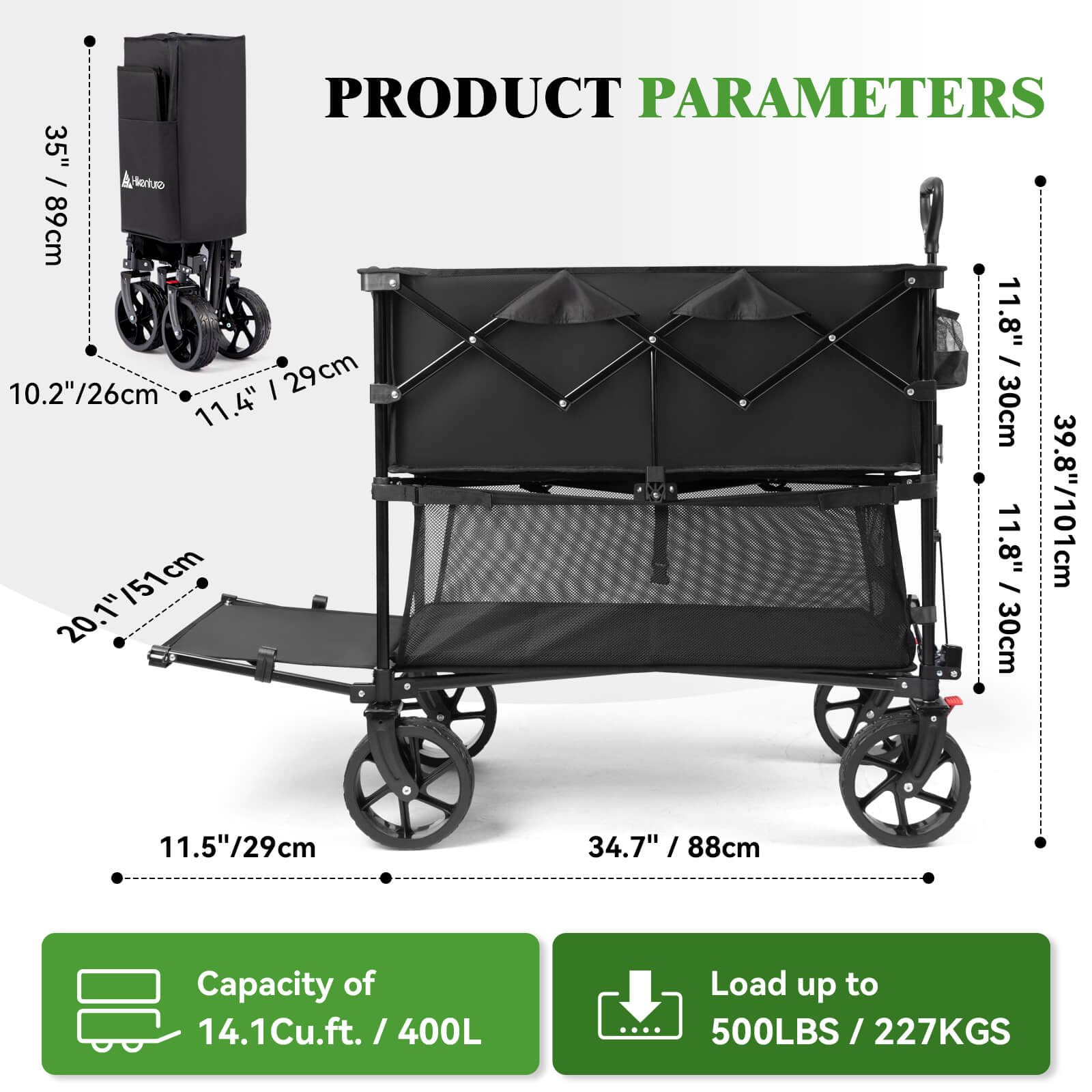Hikenture 400L Extra Large Double Decker Beach Wagon with Big Wheels - Heavy Duty 500LBS Capacity Collapsible Utility Cart with Tailgate - Foldable for Beach, Sports, Camping, Picnics & Outdoor Adventures