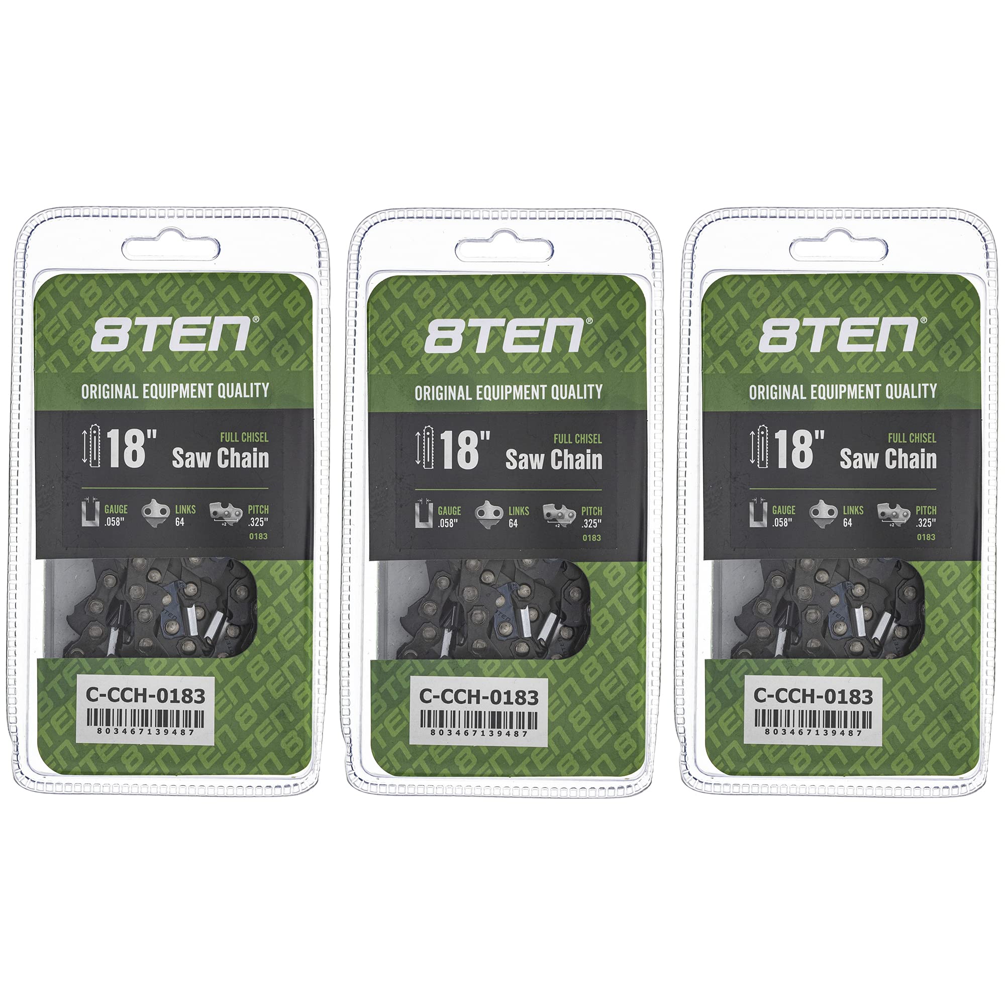 8TEN Full Chisel Chainsaw Chain 18 Inch .058 .325 64DL 3 Pack - High Performance Chainsaw Replacement for Wood Cutting, Tree Trimming and Firewood Processing