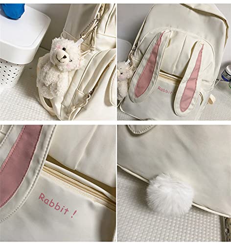 Cute Bunny Ear Backpack with Bear Pendant - Large D-White School Bag for Girls & Teens | Kawaii Book Bag, Travel Backpack for School, College, Shopping & Outdoor Adventures